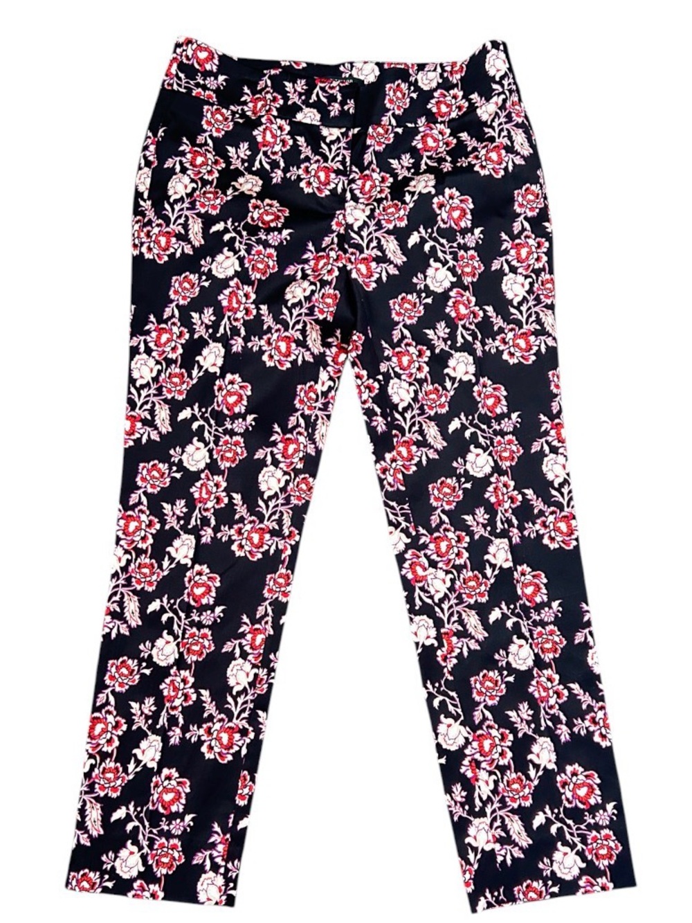 Floral Print Slim Pants - black with Red & White Flowers